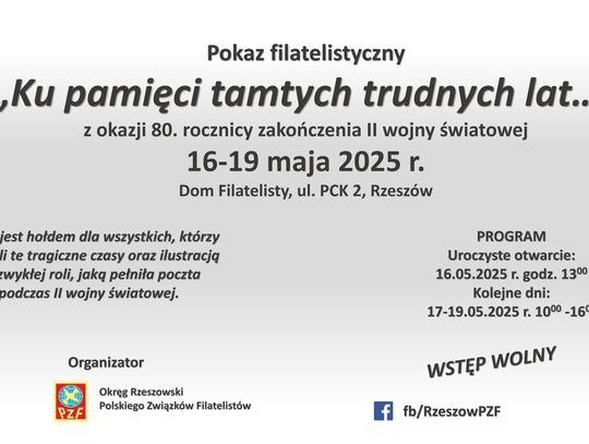 16-19 maja - wystawa filatelistyczna w Rzeszowie "Ku pamięci tamtych trudnych lat...."