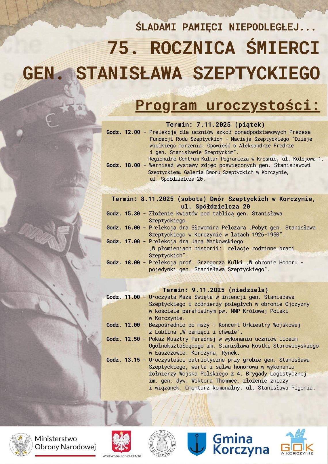 75. rocznica śmierci generała Stanisława Szeptyckiego - zapowiedź uroczystości w Korczynie i Krośnie